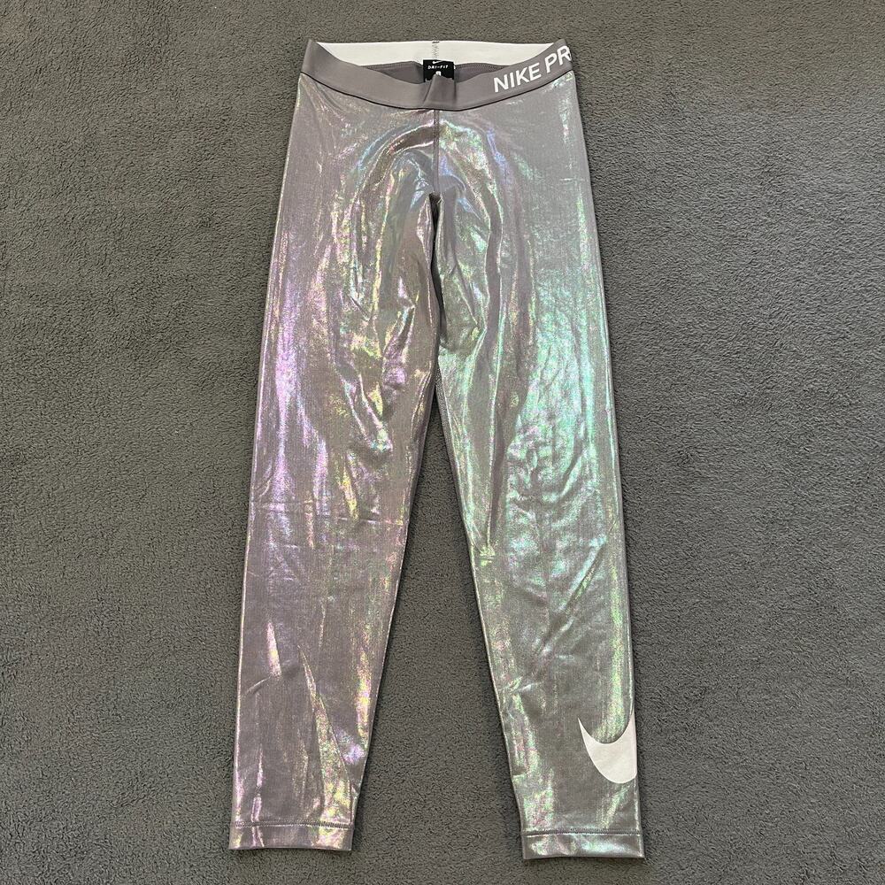 Nike Pro Dri-FIT Iridescent Silver Metallic Compression Leggings Women's Size S